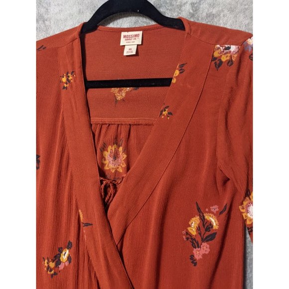 🍑MOSSIMO Bohemian Style 100% Rayon Women Floral Surplice Burnt Orange X-SMALL - Picture 10 of 12